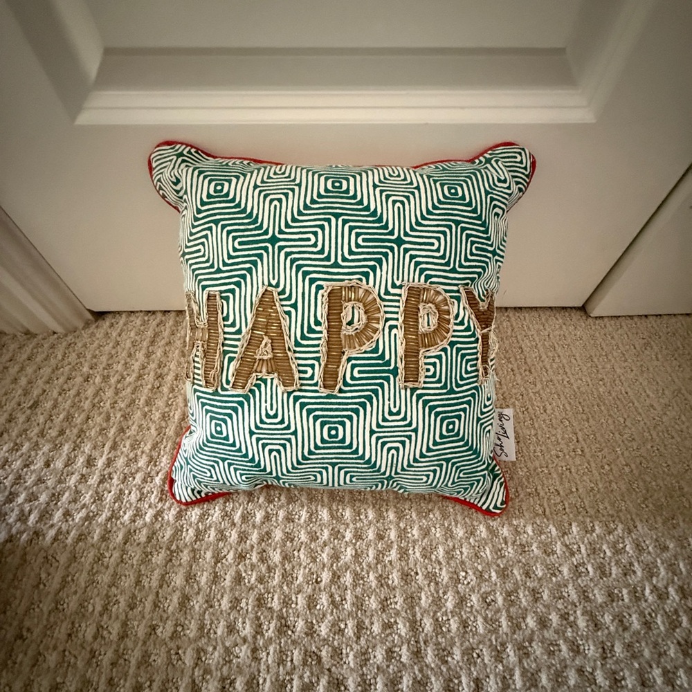 Geometric Green and Gold 'Happy' Holiday Pillow